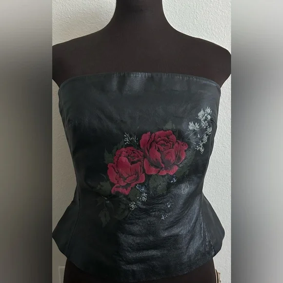 Newport News Strapless Leather Corset/Boudice - Black with Red Floral Design - Picture 8 of 8